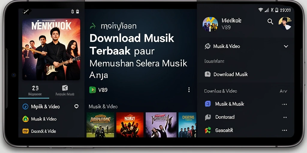 Tampilan antarmuka V89 yang user-friendly dengan akses cepat ke Download Musik.